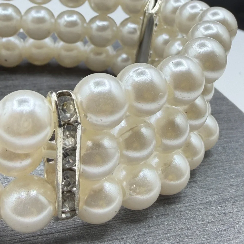 Three Strand Faux Pearl Rhinestone Stretch Bracelet Cuff Cream Statement Jewelry